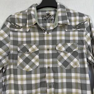 Guess Western Long Sleeve Plaid Pearl Snap Shirt Gray Medium Country Pockets
